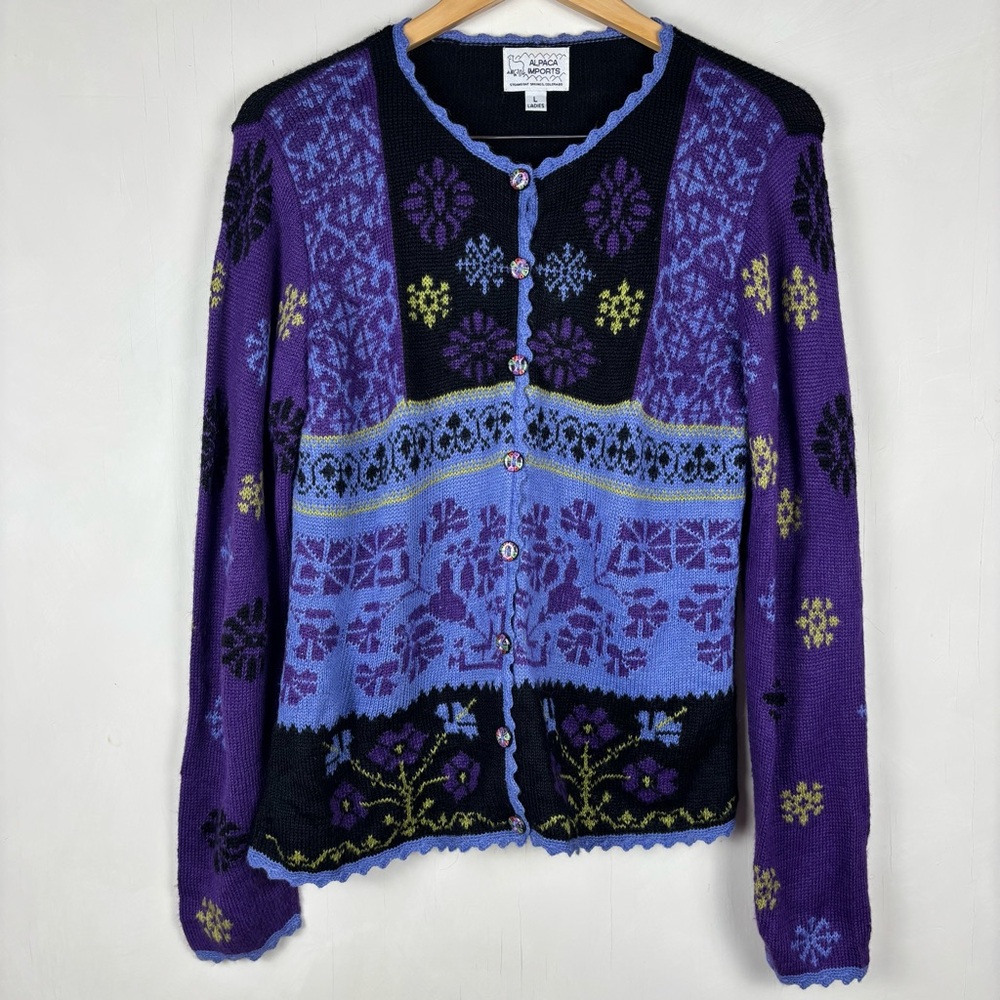Alpaca Imports Wool Blend Button Front Cardigan L Purple Black Nordic Artsy